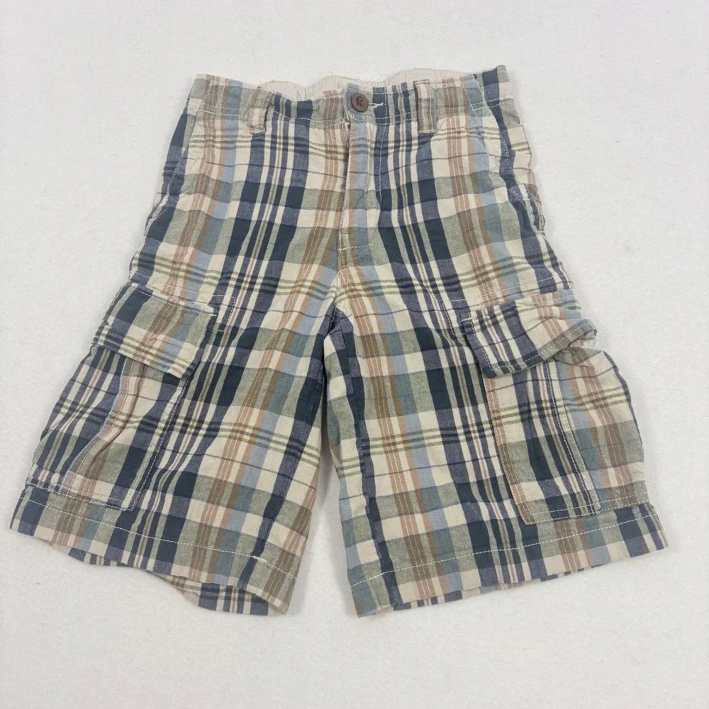 Gap Cargo Shorts Boys Size 8 Blue Tan Plaid Cotton Y2K‎ Baggy Long Skater Preppy